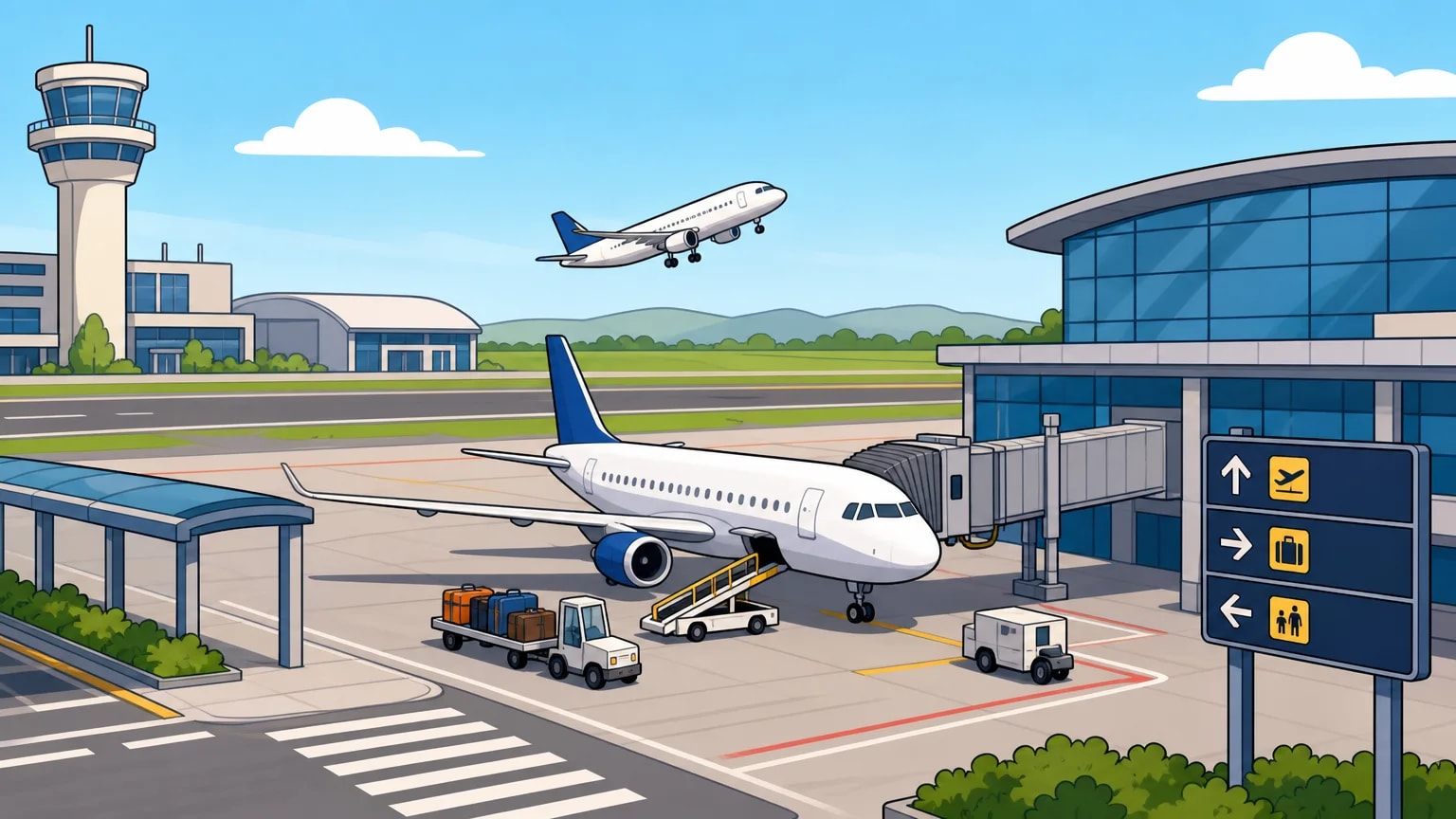 Sân bay với máy bay, tháp điều khiển và nhà ga hành khách